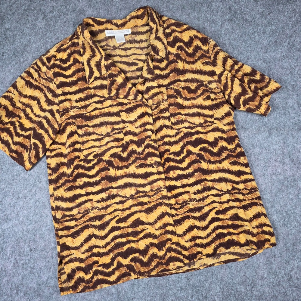 Vintage Preston York 100% Silk Shirt Animal Print Tiger Button Medium 90s Grunge - Picture 1 of 8